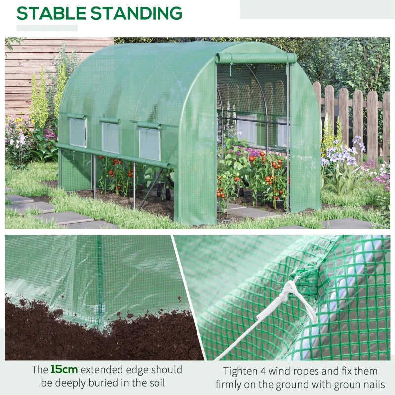 Green Walk-in Polytunnel Greenhouse with Roll-up Sidewalls, UV-resistant Cover, 3x2x2m