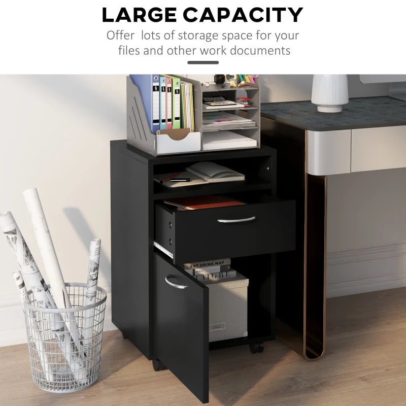 60cm Mobile Filing Cabinet with Drawer & Open Shelf, 4 Wheels, Metal Handles - Black Office Home Organizer for Printers