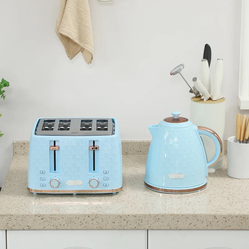 Light Blue Kettle and Toaster Set - 1.7L Fast Boil Jug Kettle & 4 Slice Toaster with 7 Browning Levels