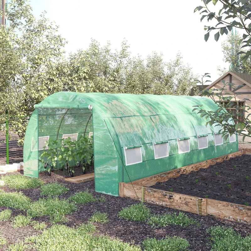 Green Walk-in Polytunnel Greenhouse with Roll-up Sidewalls, Zipped Door, 12 Windows - 6x3x2m