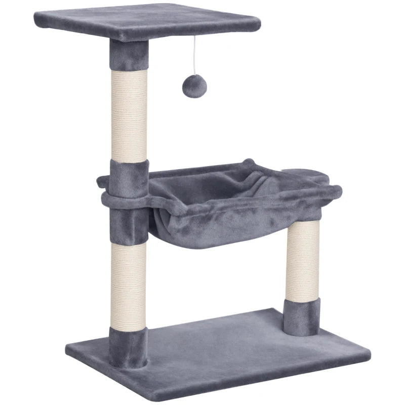Deluxe Cat Scratch Post with Bed & Hammock - Indoor Cat Tree with Sisal Scratching Posts - Grey Kitty Activity Centre