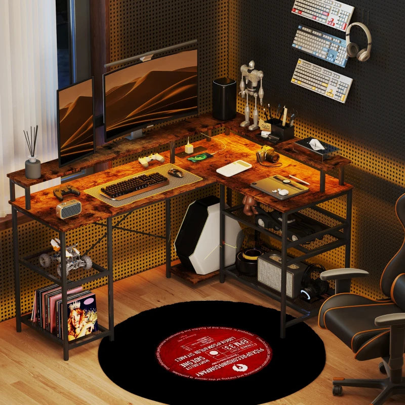 Modern LED Light 'L' Shape Computer Desk with Shelves - Stylish Brown Finish for Home Office