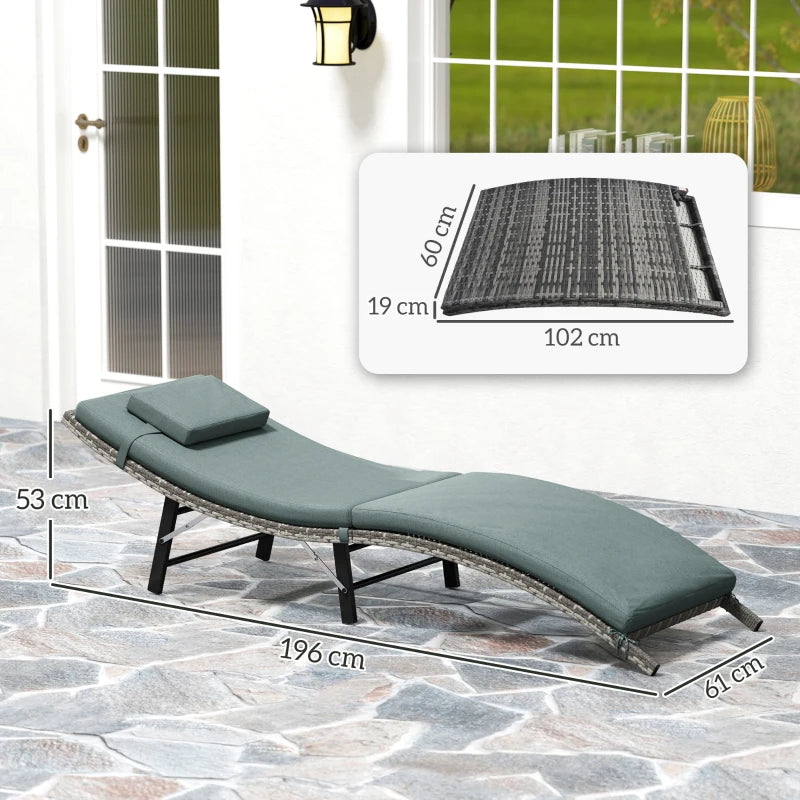 Rattan Folding Sun Lounger Outdoor Chair with Cushion and Pillow in Mixed Grey