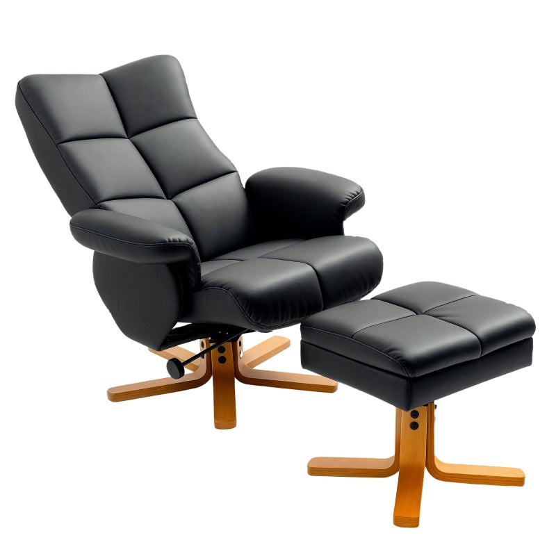 Swivel Reclining Armchair with Ottoman, Faux Leather Chair with Wooden Base and Storage Footstool for Living Room, Black