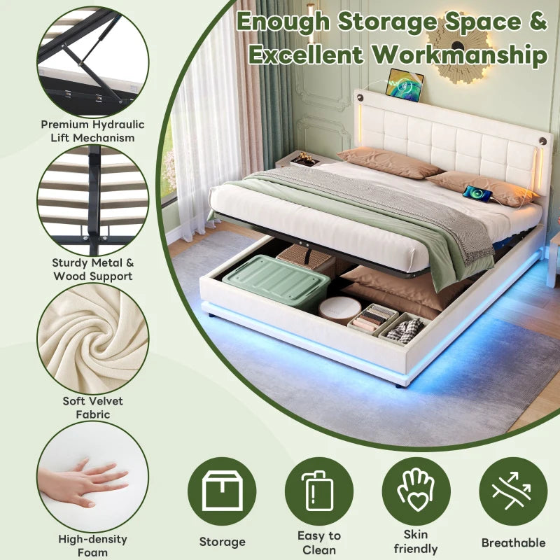 King Size LED Hydraulic Bed with Charging Station Adjustable Tufted Headboard Space Saving Design Beige