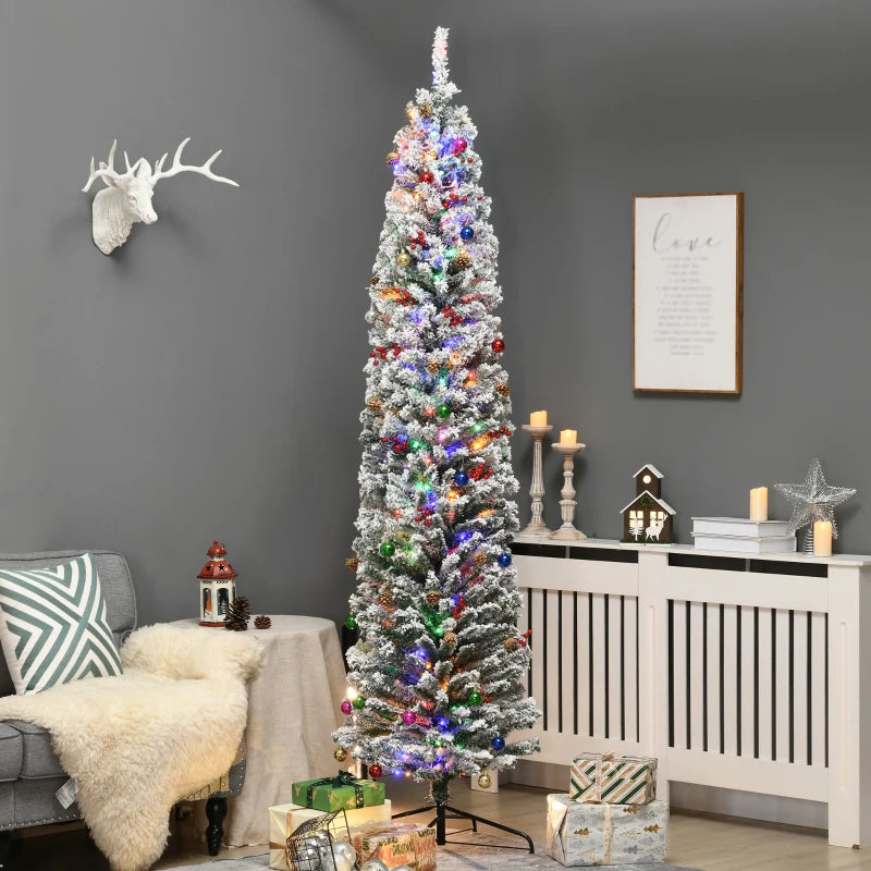 7.5' Prelit Artificial Christmas Tree with Colorful LED Lights, Flocked Tips, Berries & Pine Cones - Holiday Decor