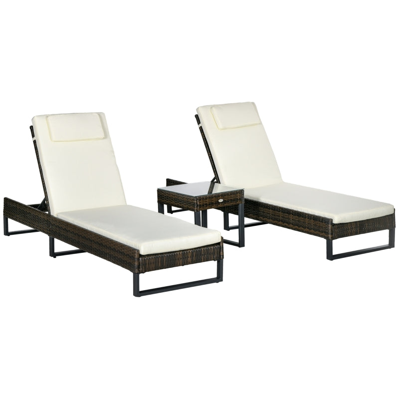 3-Piece Reclining Lounger Set with Glass-Top Table in Cream