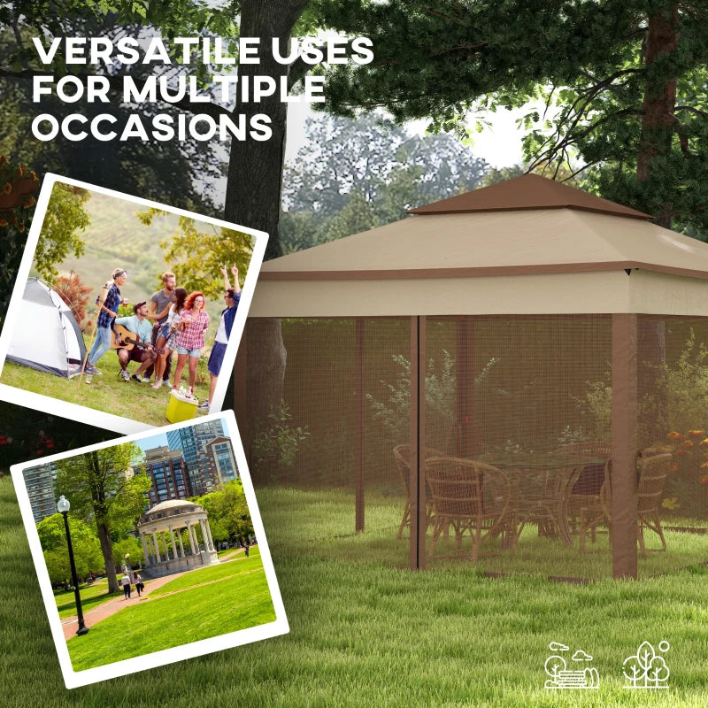 Khaki Double-Roof Pop Up Gazebo with Netting and Carry Bag