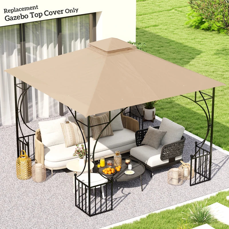 3x3m Khaki Replacement Gazebo Canopy - Double Tier Roof Top for Garden, Patio, Outdoor Use (Top Only)