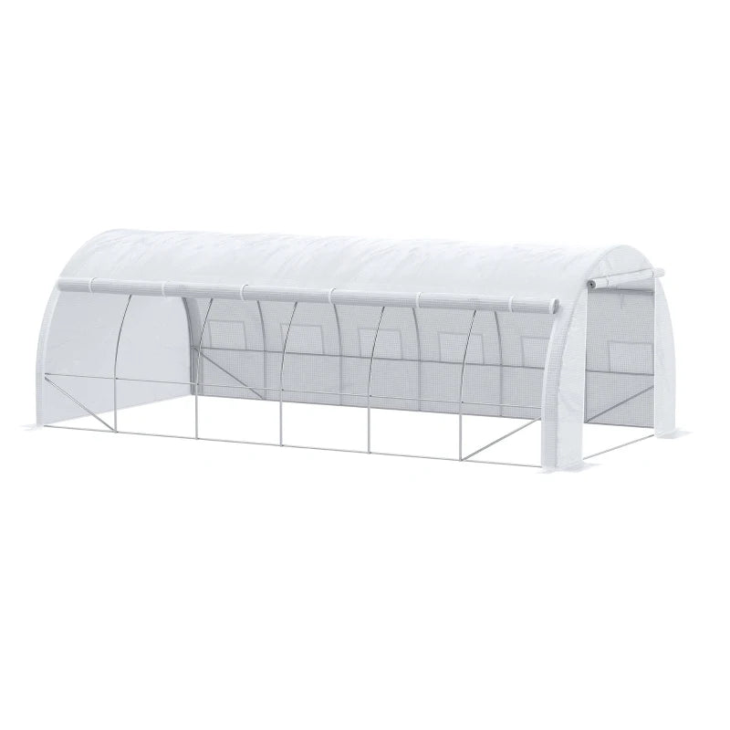 6x3m Greenhouse with Roll-up Side Walls, Steel Frame, Zipped Door - White