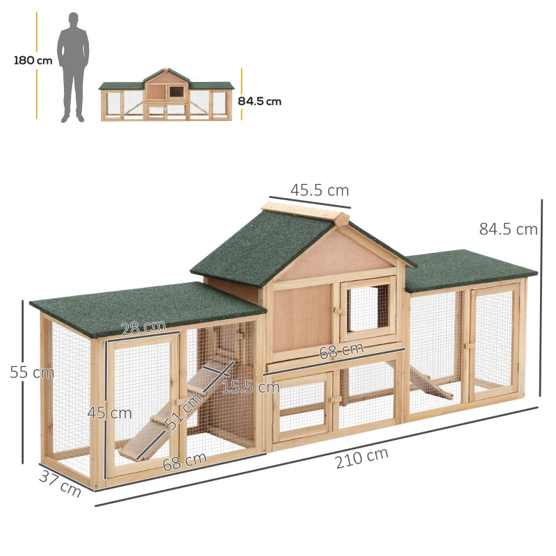 Large Outdoor Wooden Rabbit Hutch with Run - 2 Storey Guinea Pig House, 210 x 45.5 x 84.5 cm