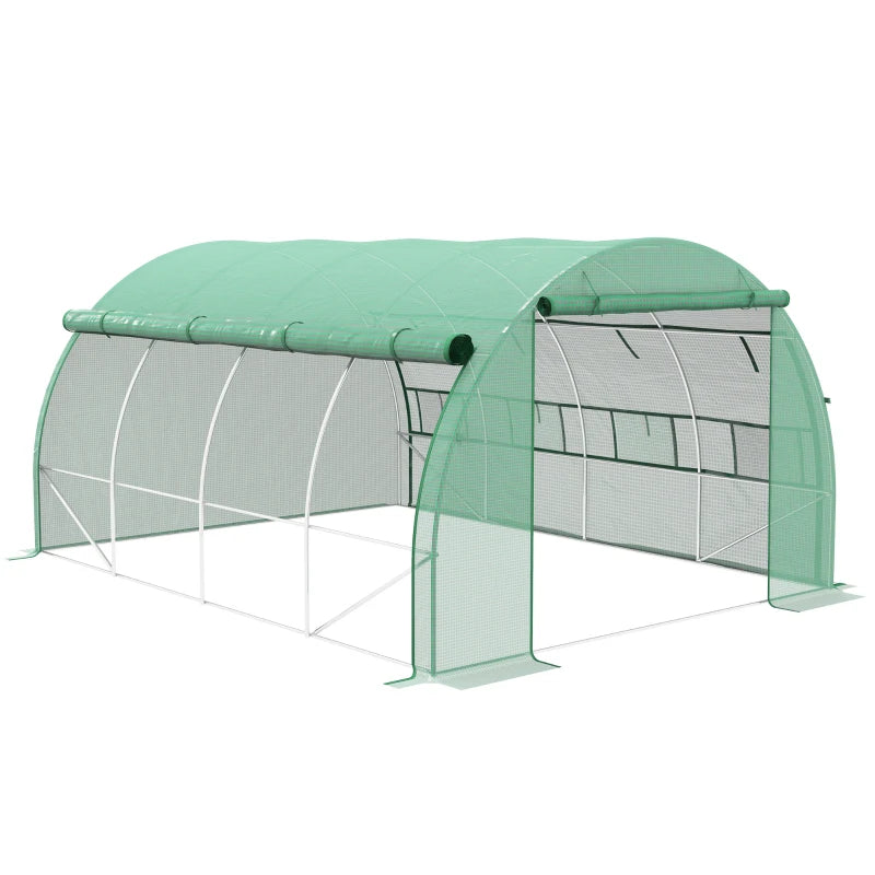 Green Walk-in Polytunnel Greenhouse with Roll-up Sidewalls, Zipped Door, 8 Windows - 4x3x2m