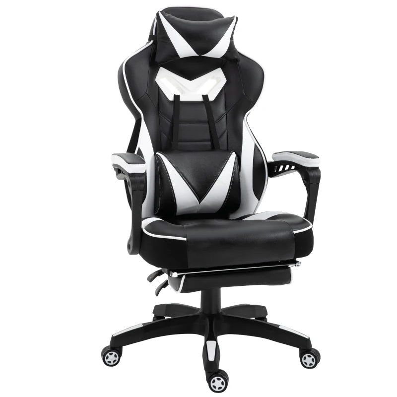 Vinsetto White Gaming Chair with Lumbar Support & Footrest - PU Leather Racing Desk Chair with Headrest & Swivel Wheels