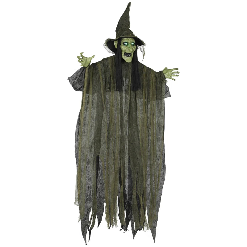 170 cm Life Size Animated Witch with Glowing LED Eyes - Spooky Halloween Decoration, Battery Operated Indoor Party Prop