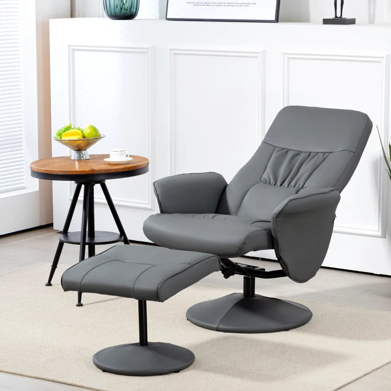 Stylish Grey Swivel Recliner Chair with Footstool - PU Leather Armchair for Living Room Comfort