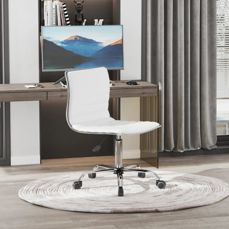 Adjustable Swivel Office Chair - Armless Mid-Back Design in White PU Leather with Chrome Base for Modern Workspaces