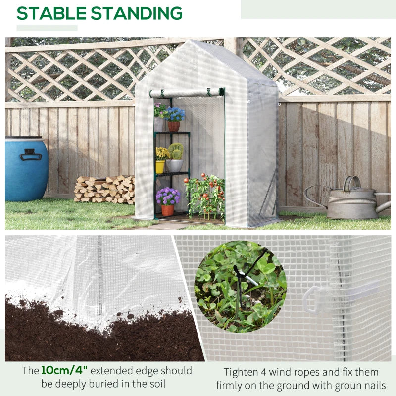 Portable Greenhouse with 2 Tier Shelf, Roll-Up Door, PE Cover - Green, 143 x 73 x 195cm