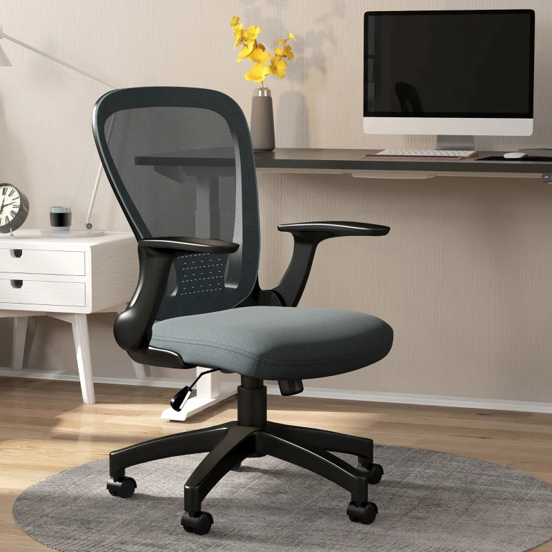 Vinsetto Ergonomic Mesh Office Chair with Flip-Up Armrests, Lumbar Support & Swivel Wheels - Stylish Grey Desk Chair