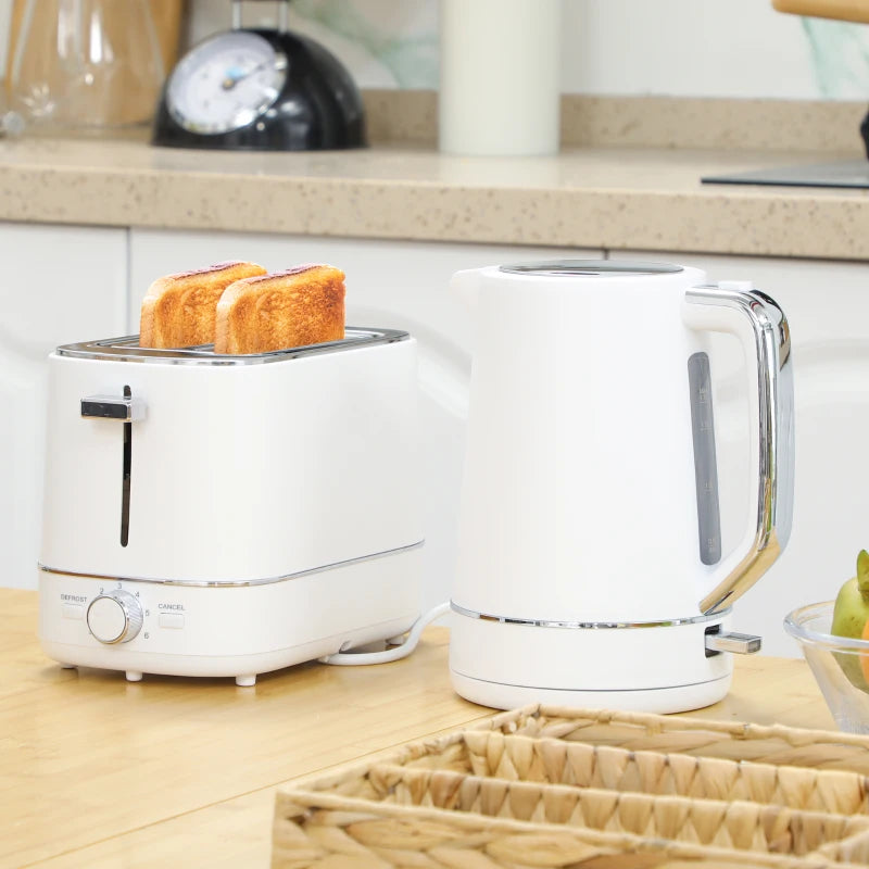 Premium 1.7L Fast Boil Kettle & 2-Slice Toaster Set - 3000W, 6 Browning Levels, Defrost & Reheat, Stylish White Kitchen Essentials