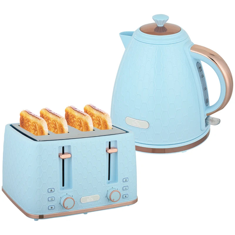 Light Blue Kettle and Toaster Set - 1.7L Fast Boil Jug Kettle & 4 Slice Toaster with 7 Browning Levels