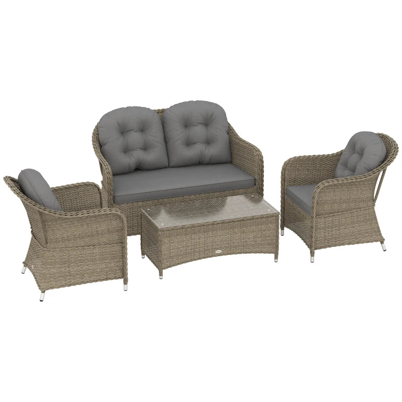 Stylish Light Grey Rattan Sofa Set with Glass Table