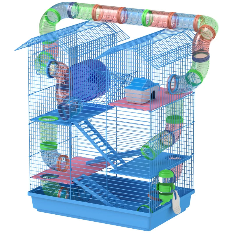 5-Tier Hamster Cage with Exercise Wheels, Tunnel Tube, Water Bottle & Dishes - Blue Habitat for Dwarf Mice