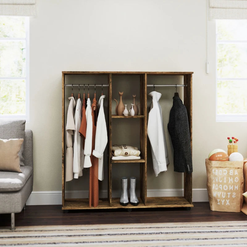 Rustic Brown Double Mobile Open Wardrobe with 6 Wheels and Storage Shelves Organizer