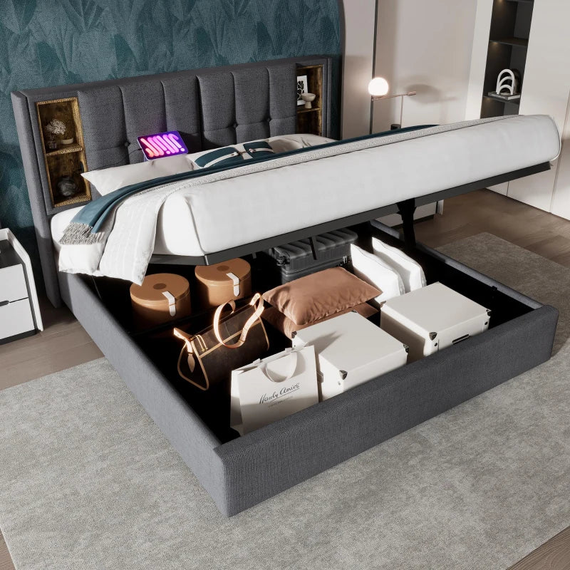 Grey Double Bed with Storage, Wireless Charging Headboard & Fast Charging Ports - Pine Wood Frame for Modern Bedrooms
