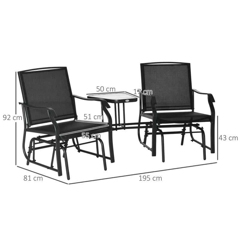 Black Outdoor Double Glider Rocking Chairs with Glass Top Table