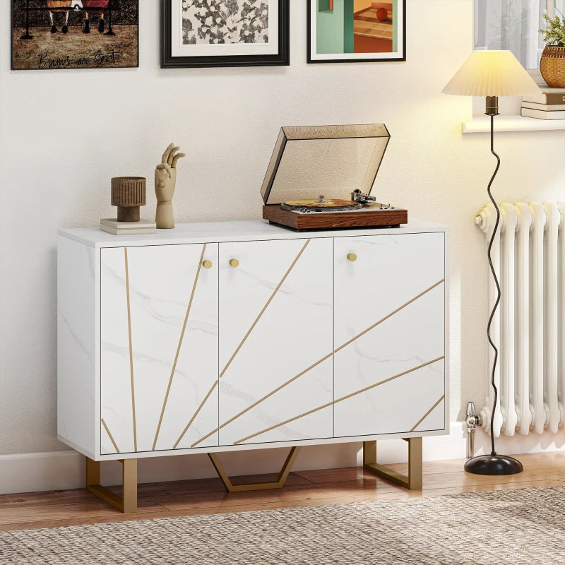 Modern Sideboard Storage Cabinet with Adjustable Shelves & Metal Legs - White Marble Tone for Living Room, Kitchen, Dining Room, Entryway