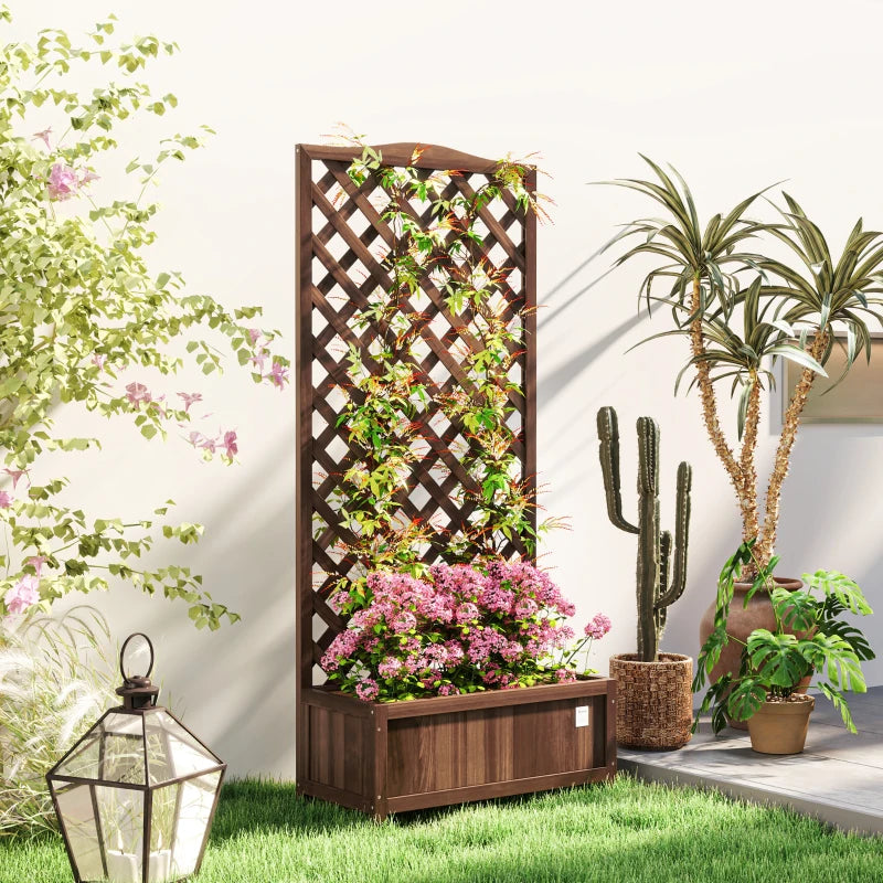 garden planter with trellis uk 53L Dark Brown Wooden Garden Planter Box with Trellis