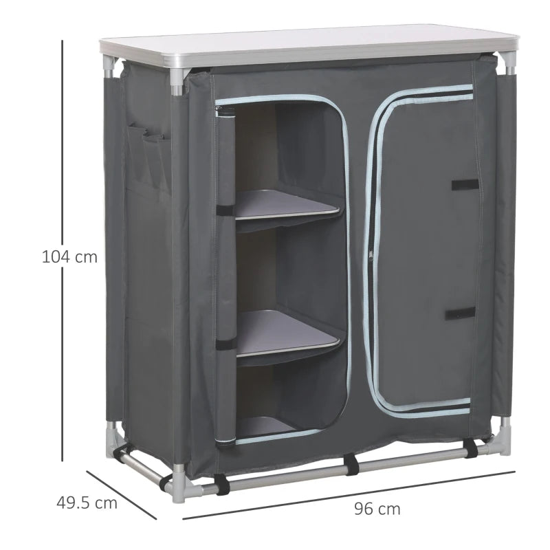 Aluminum Camping Cupboard & Kitchen Station - 3-Shelf Cook Table Storage Organizer for BBQ, Party & Picnic
