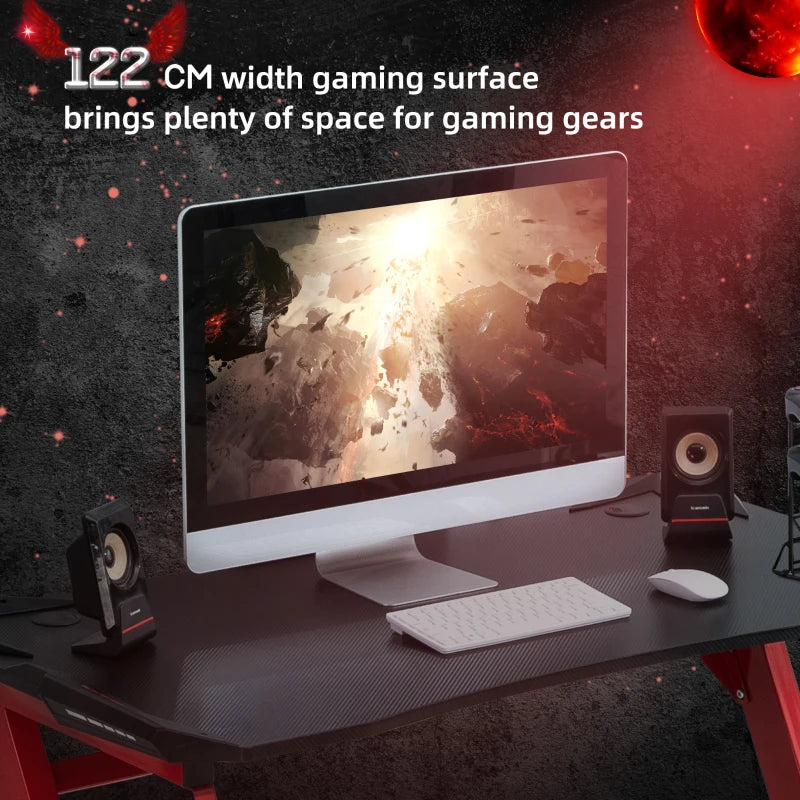 Carbon Fibre Gaming Desk 122x66 cm - Black & Red Gamer Workstation with Headphone Hook, Cup Holder & Gamepad Storage