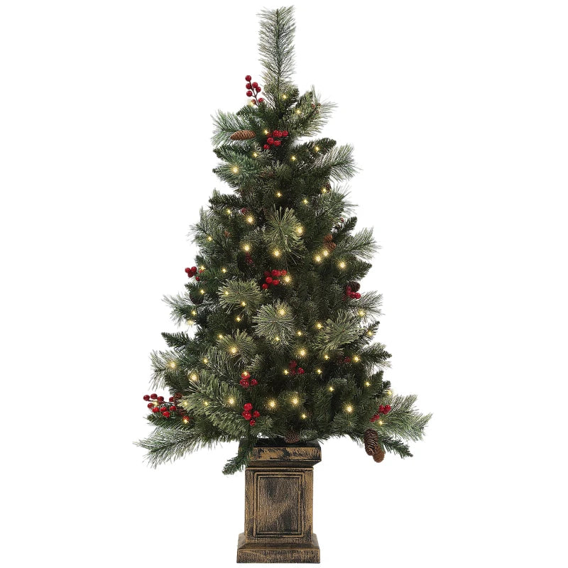 4ft Artificial Christmas Tree with 100 Warm White LED Lights, Red Berries & Pine Cones, 8 Modes, Retro Base