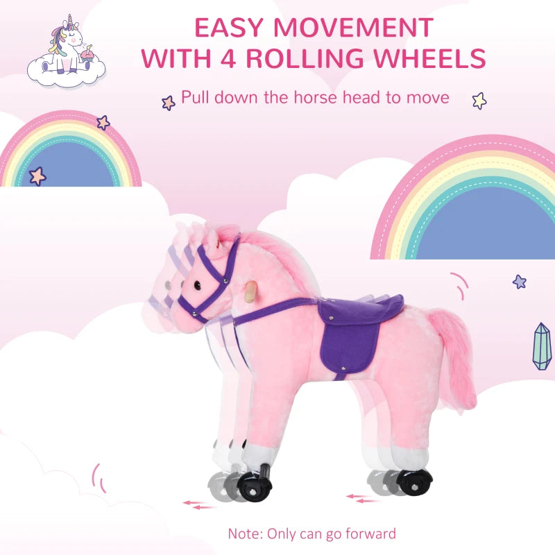 Plush Rocking Horse Ride On Toy for Kids with Sound for Ages 2 and Up Pink