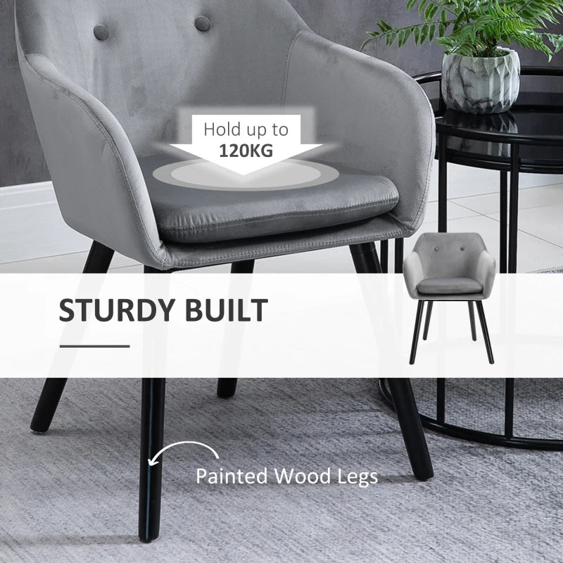 Modern Velvet Dining Chairs Set of 2 - Upholstered Leisure Chairs with Backrest & Armrests for Home Office & Kitchen - Grey