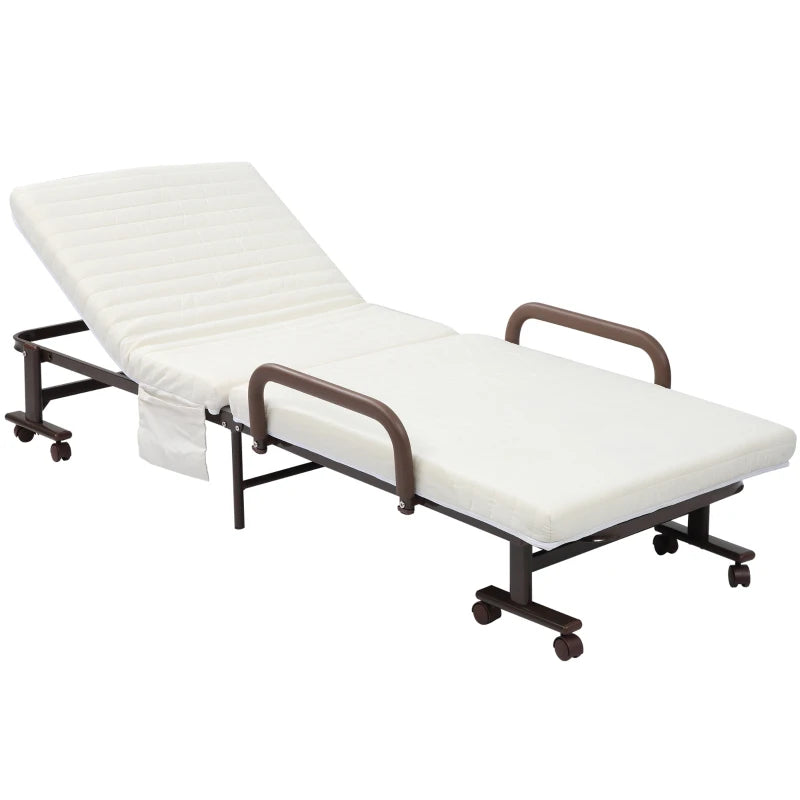 Portable Folding Bed with Mattress - Single Guest Bed, Adjustable Backrest, Metal Frame on Wheels, White, 190 x 76 cm