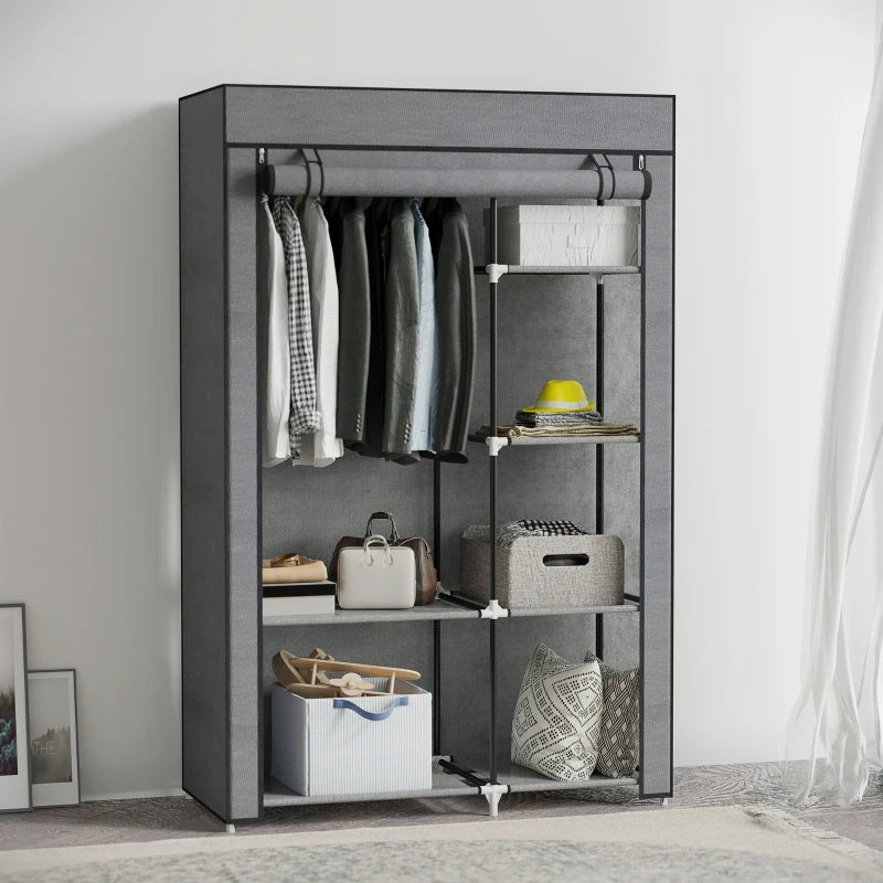 Dark Grey Six Shelf Fabric Wardrobe with Rail for Stylish Storage Solutions