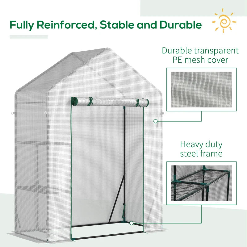 Portable Greenhouse with 2 Tier Shelf, Roll-Up Door, PE Cover - Green, 143 x 73 x 195cm