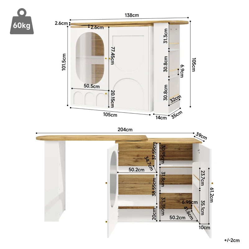 360° Rotating Bar Table with Storage Shelves & Metal Handles - Multi-Functional Dining Table & Sideboard, White, 204L x 39W x 105H cm