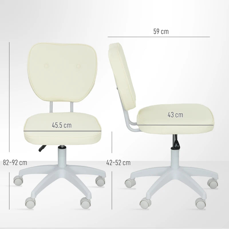 Vinsetto Cream PU Leather Vanity Office Chair - Adjustable Height, Armless Design, Swivel Wheels for Home & Office Use