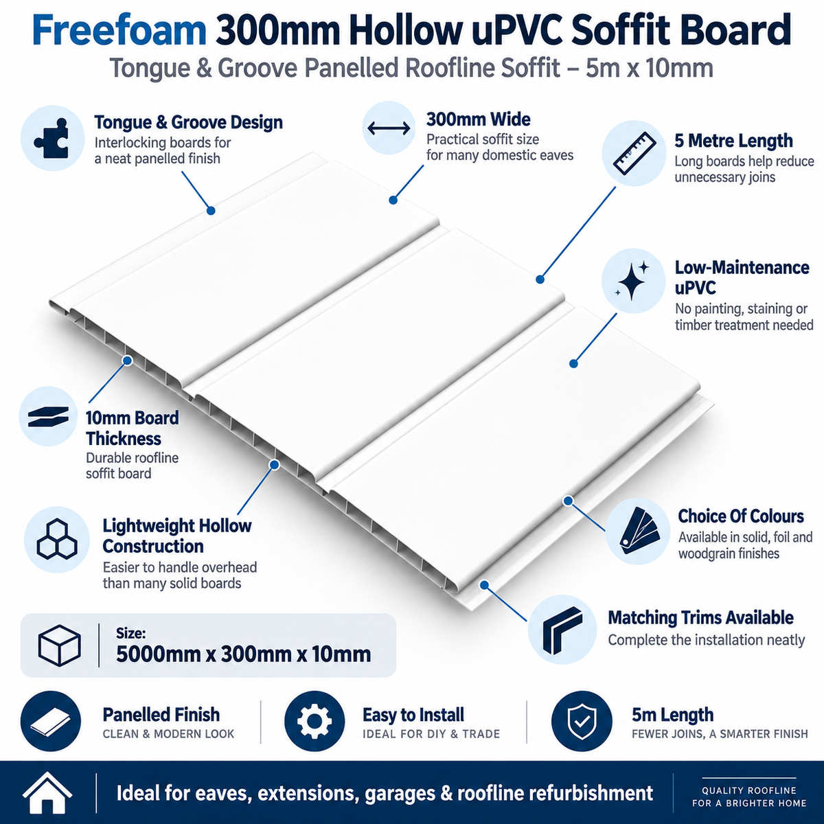 Freefoam 300mm Hollow uPVC Soffit Board – Tongue & Groove Panelled Roofline Soffit 5m x 10mm – All Colours