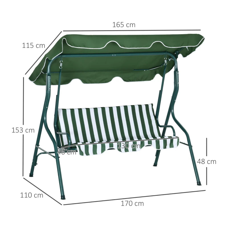 Green Striped 3-Seater Outdoor Swing Bench with Adjustable Canopy