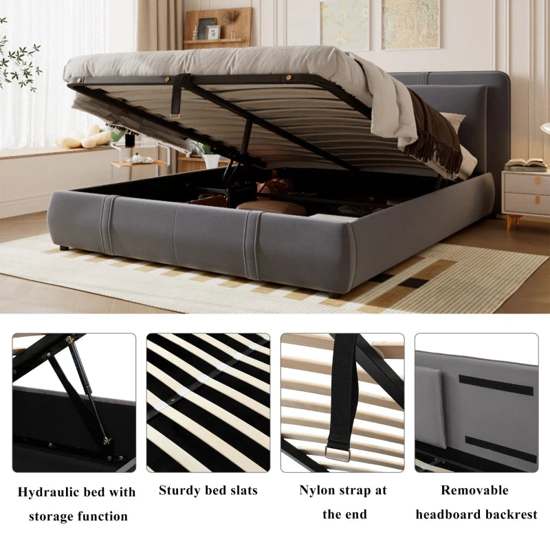 Upholstered Hydraulic Storage Bed with Removable Velvet Headboard - Grey, 210x159x90 cm, Stylish & Functional Bedroom Furniture