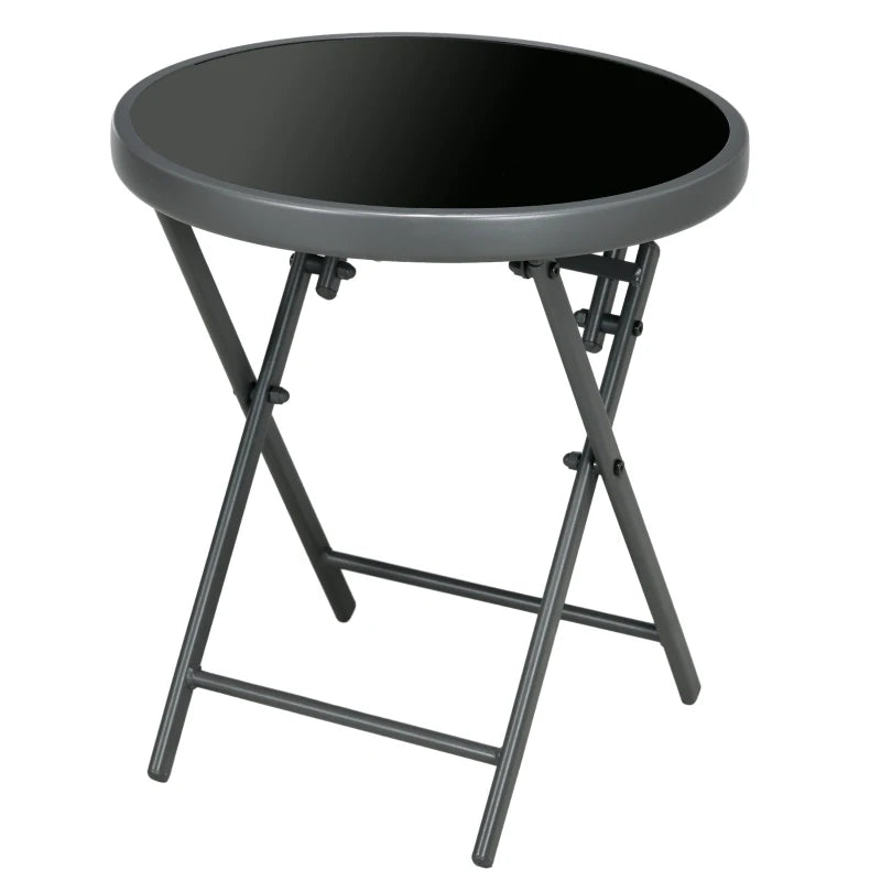 45cm Round Folding Garden Side Table - Outdoor Patio Coffee Table with Imitation Marble Glass Top - Black