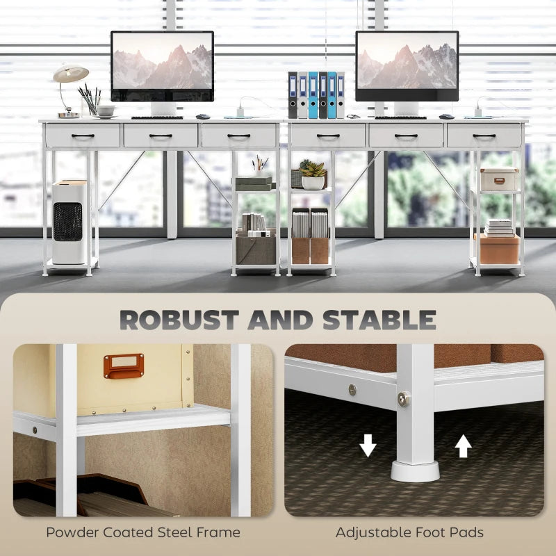 120cm White Computer Desk with Power Outlets, 3 Fabric Drawers & 4 Storage Shelves - Ideal Office Study Table