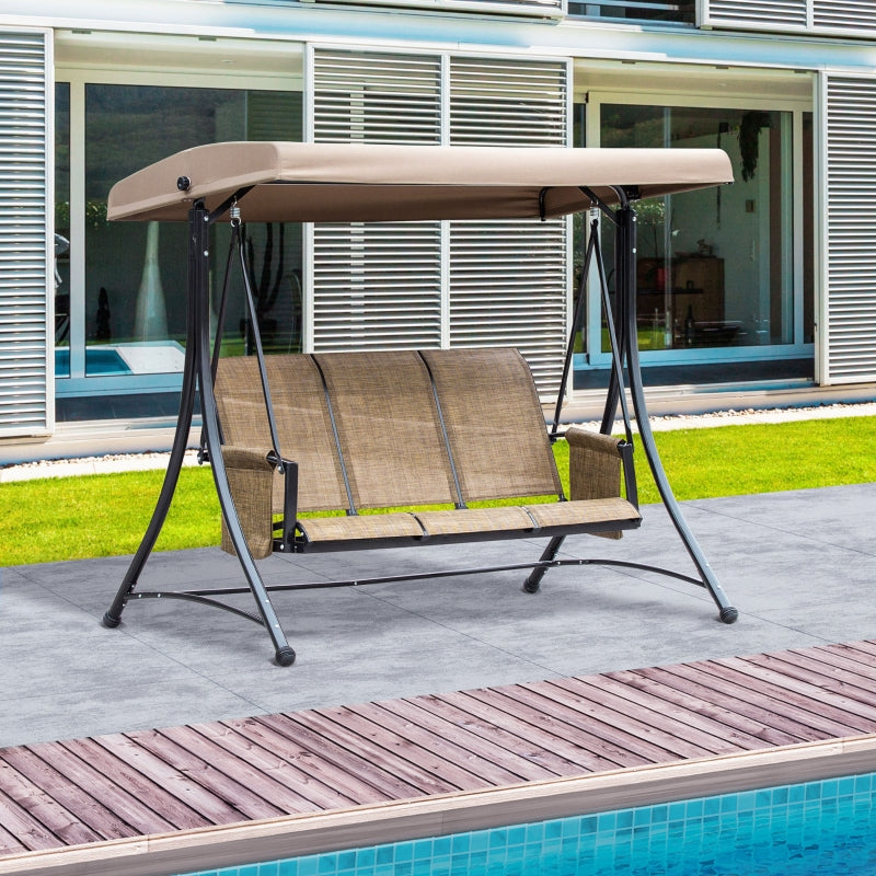 Brown 3-Seater Outdoor Swing Chair with High Back Design and Adjustable Canopy