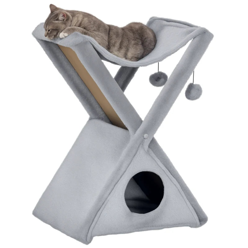 Two Tier Cat Tree for Indoor Cats - Plush Folding Activity Tower with Scratching Post, Hammock & Pom Poms - Grey