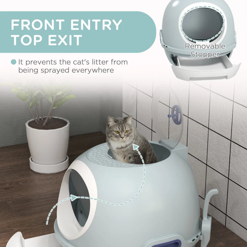 Blue Enclosed Cat Litter Box with Drawer & Scoop - Front Entry, Top Exit, Easy to Clean