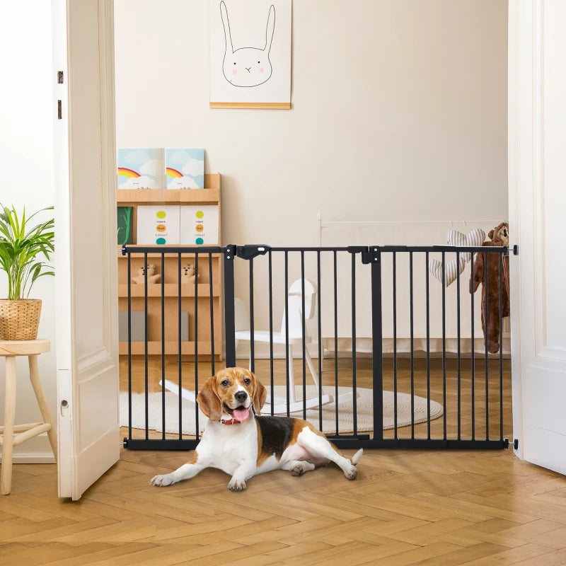 Adjustable Safety Gate with 3 Extensions & 4 Adjustable Screws - Black Child Safety Barrier for Stairs & Doorways